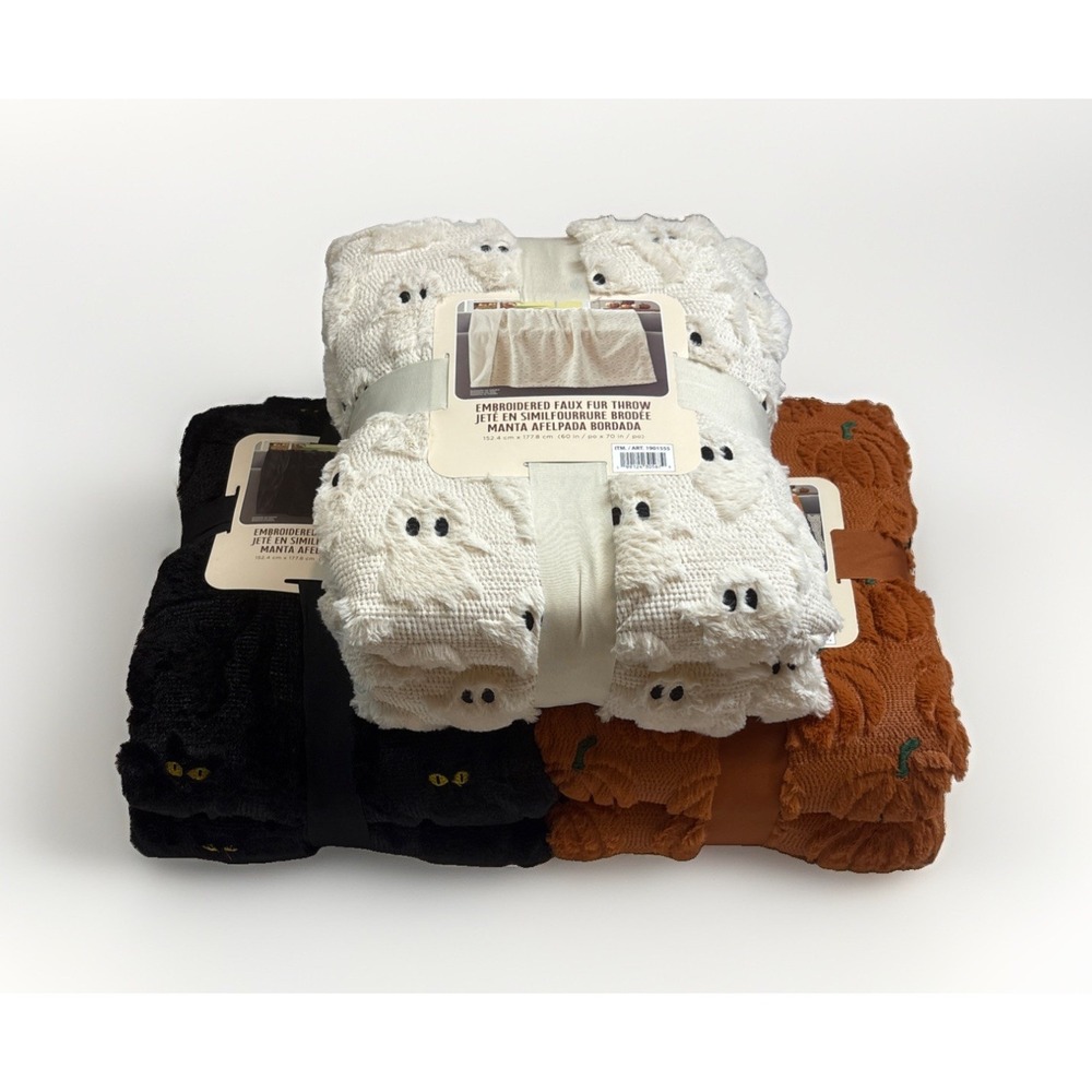 NWT Costco Halloween Faux Fur Throw Blanket Lot of 3 Ghost Cat Pumpkin